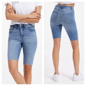 Good American Good Bermuda Long Jean Shorts 0 / 25 Blue663 Medium Wash Denim NEW